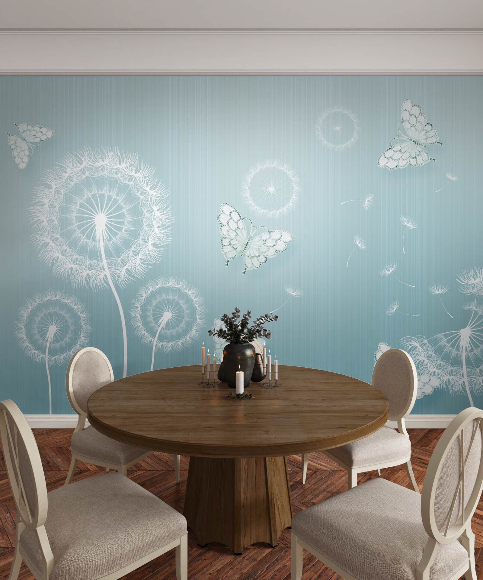 Fotobehang vlinderstelsel en paardenbloemen