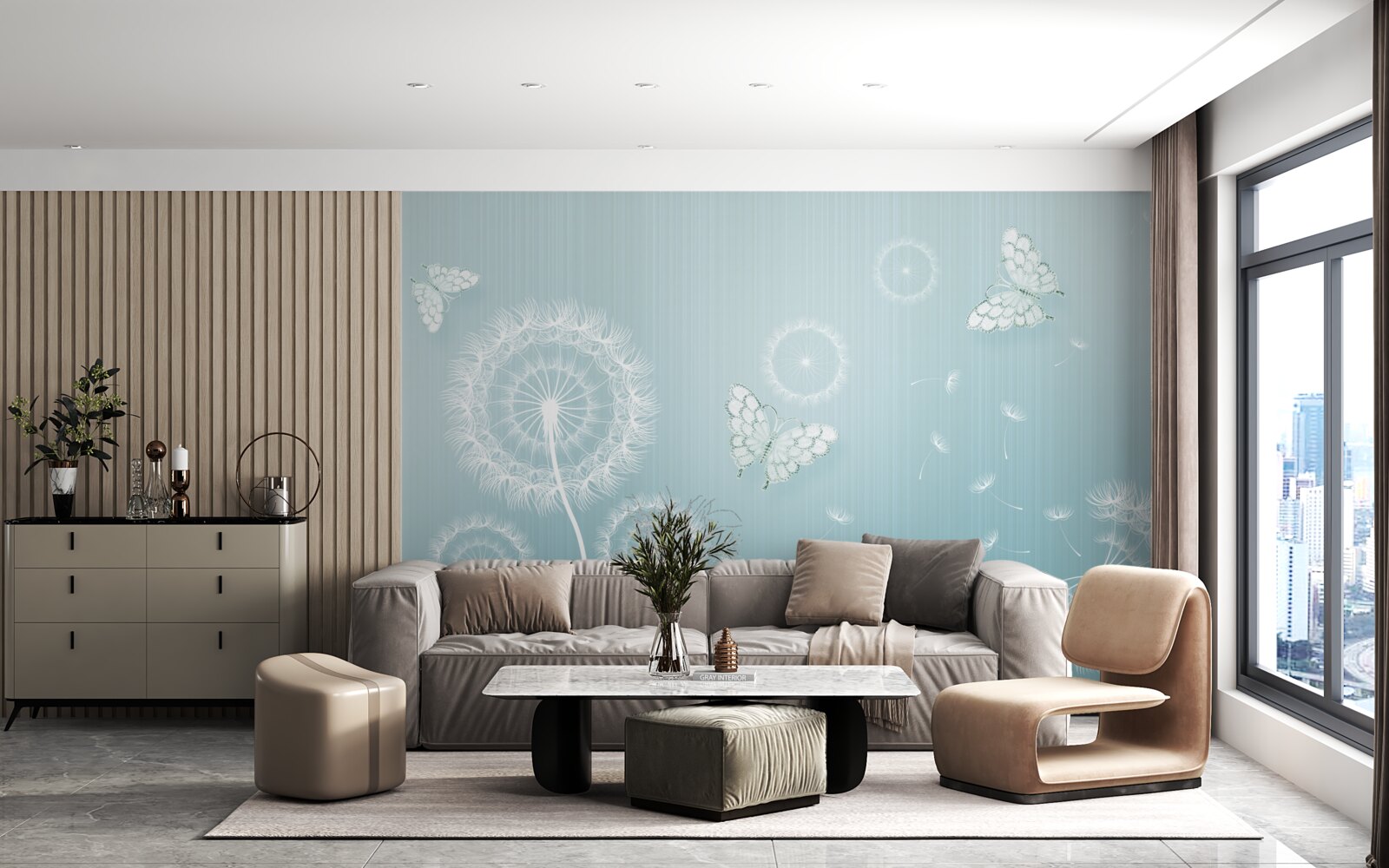 Fotobehang vlinderstelsel en paardenbloemen