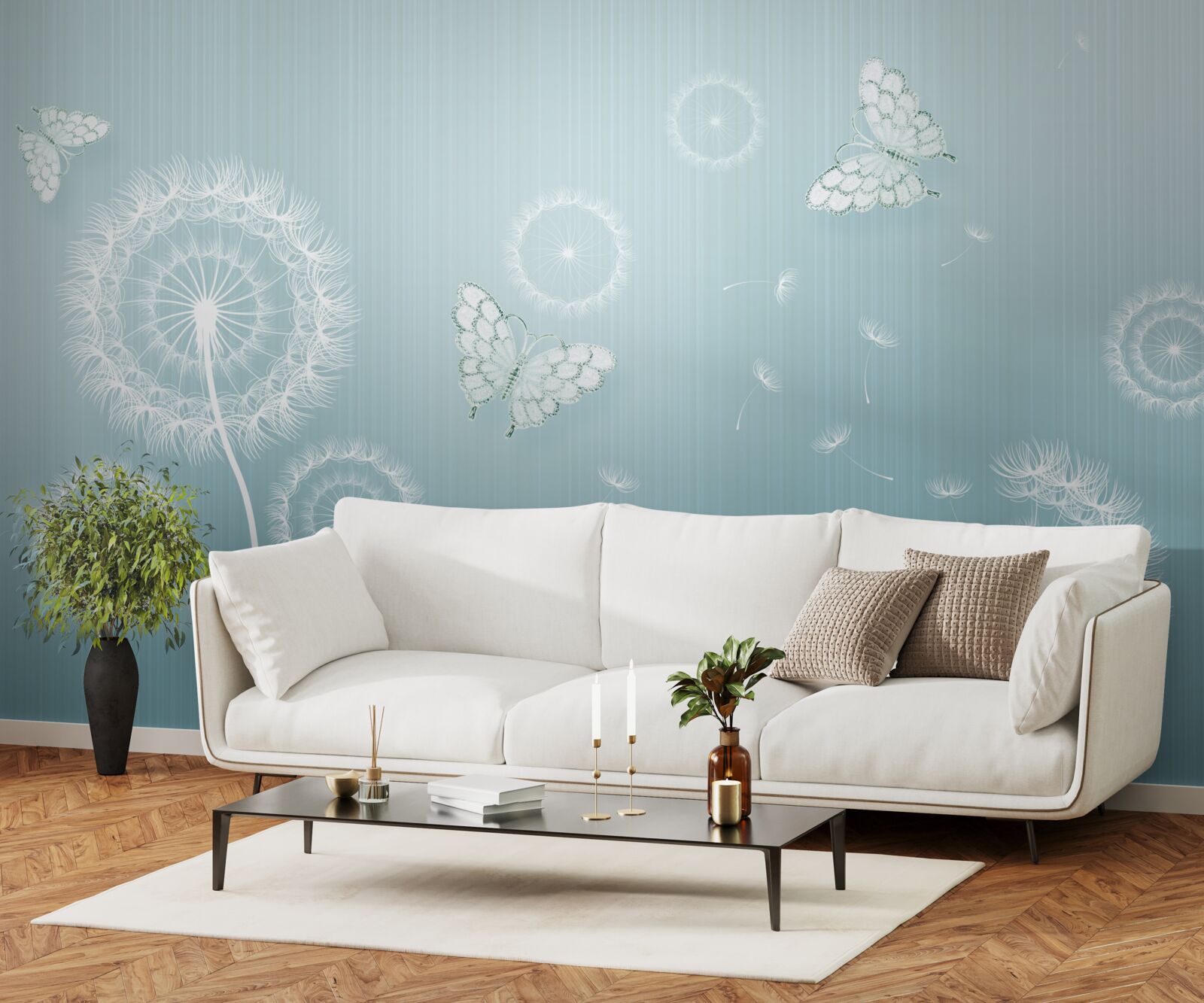 Fotobehang vlinderstelsel en paardenbloemen