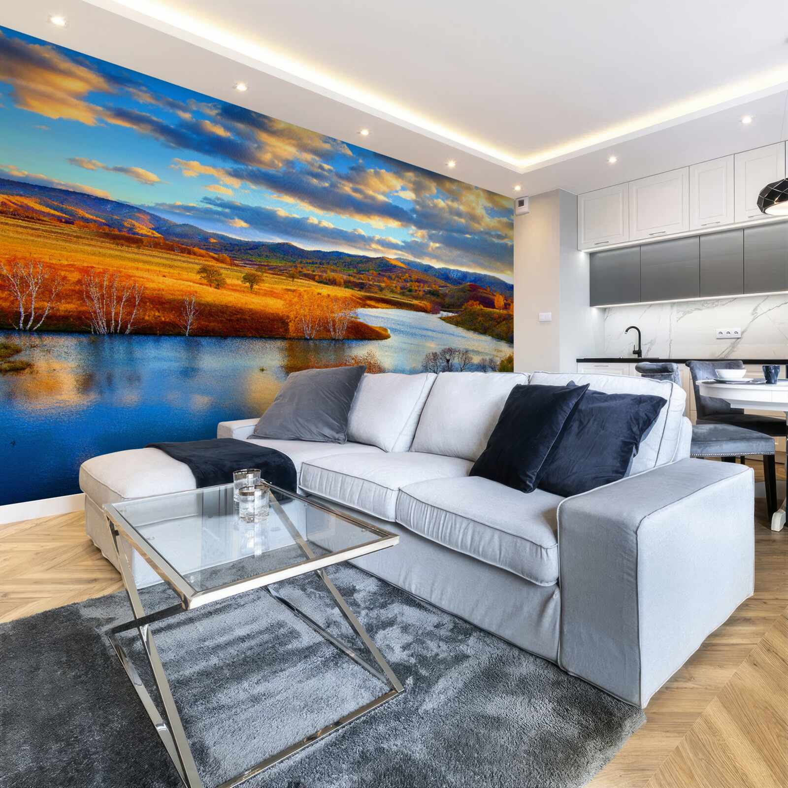 Fotobehang landschap met een meer in de herfst