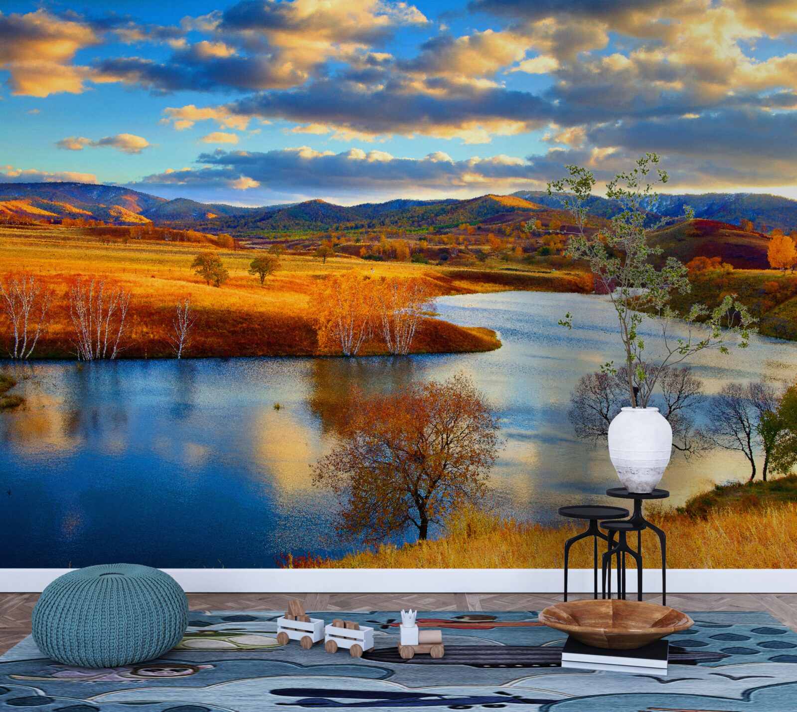 Fotobehang landschap met een meer in de herfst