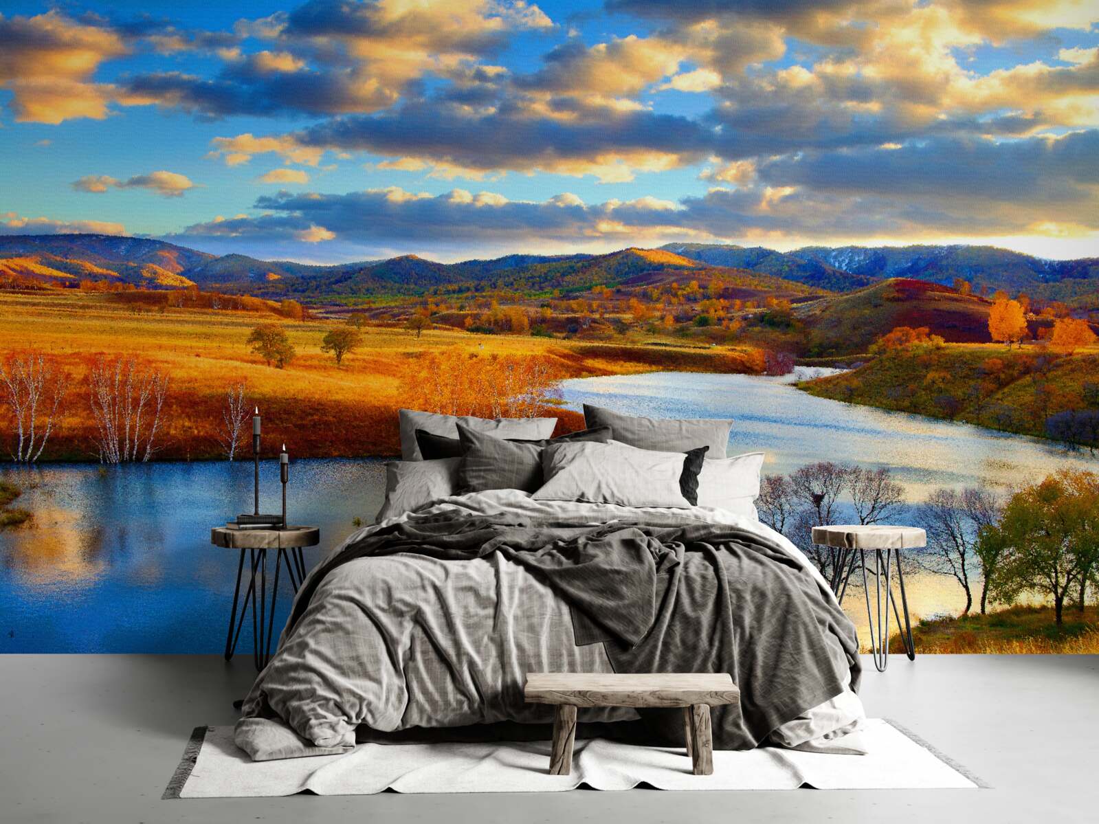 Fotobehang landschap met een meer in de herfst