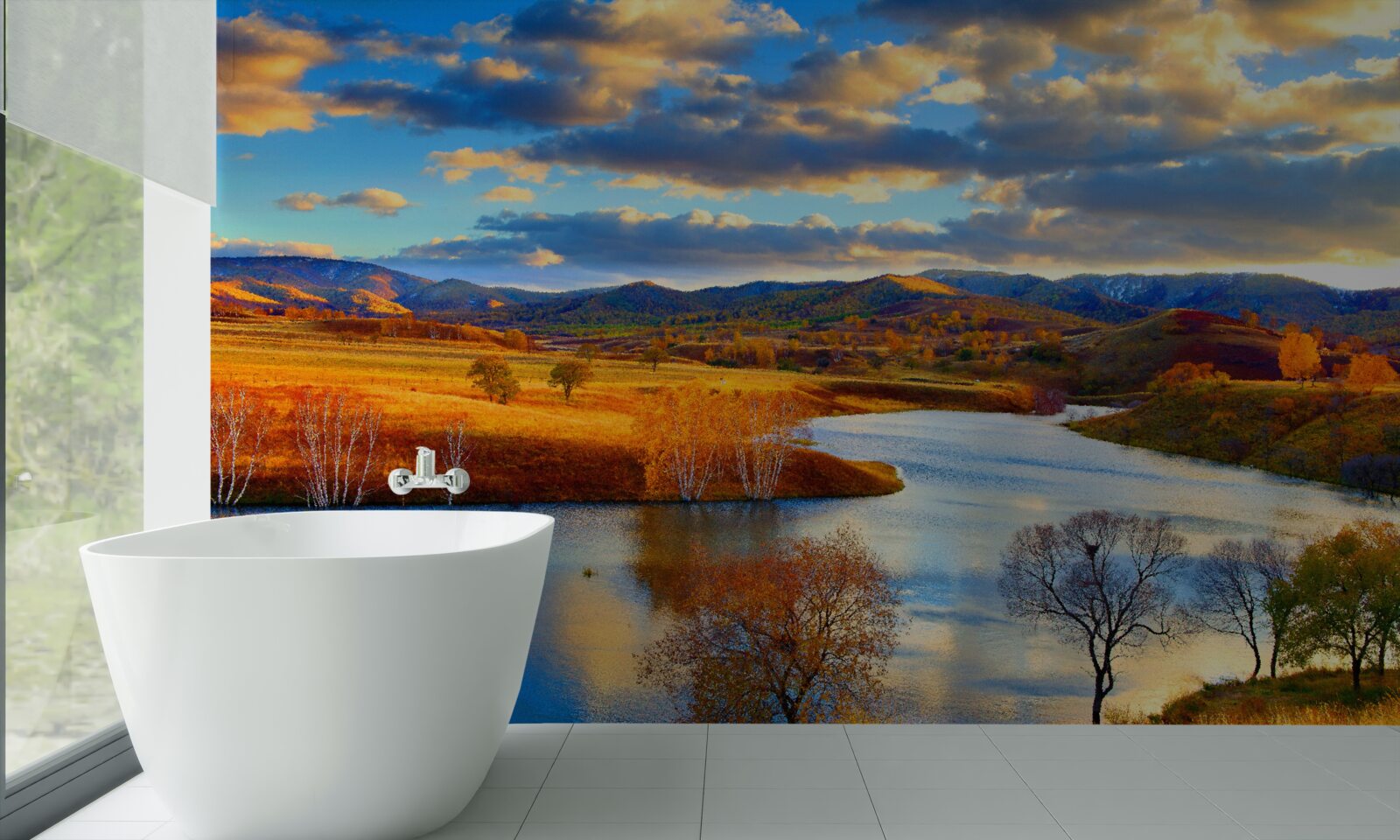 Fotobehang landschap met een meer in de herfst