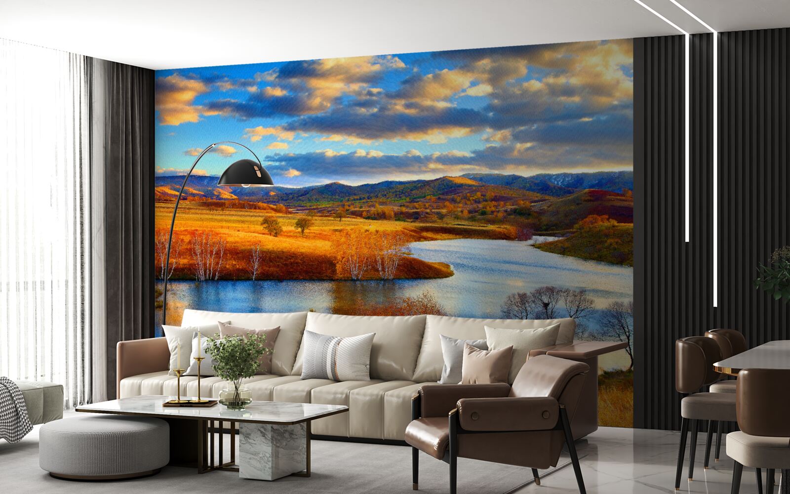 Fotobehang landschap met een meer in de herfst