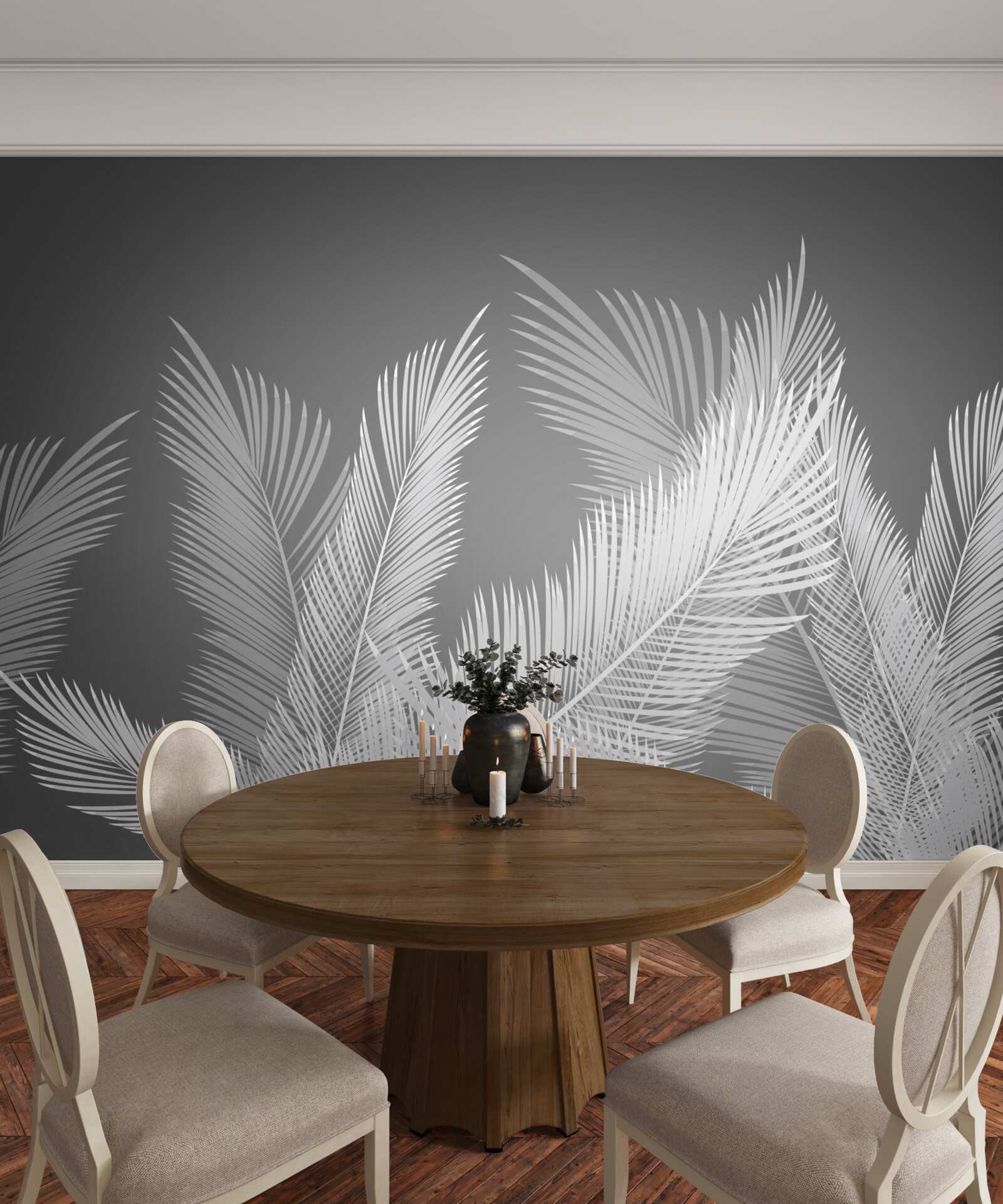 Fotobehang pen beweegt over witte bladeren op een grijze achtergrond