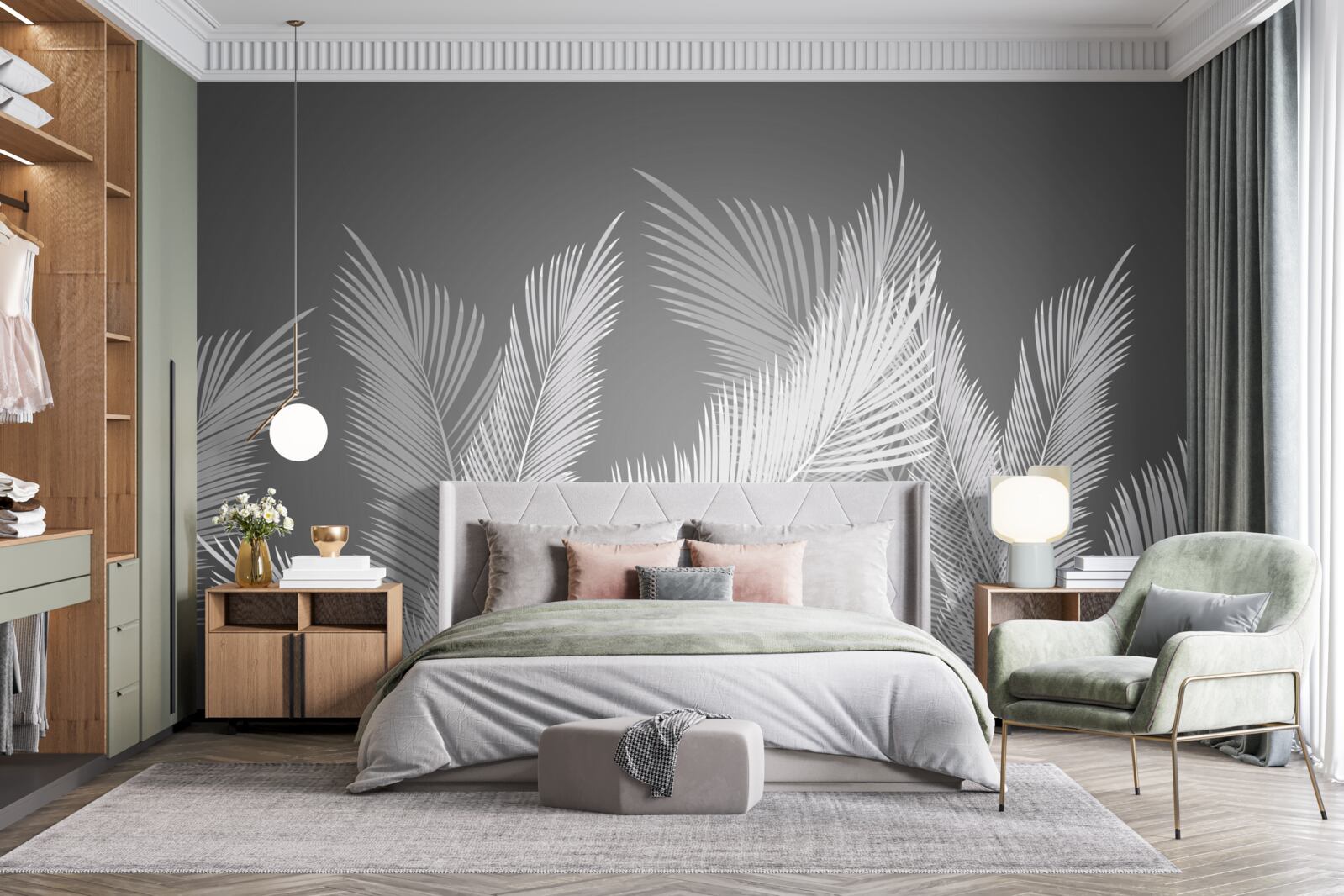 Fotobehang pen beweegt over witte bladeren op een grijze achtergrond