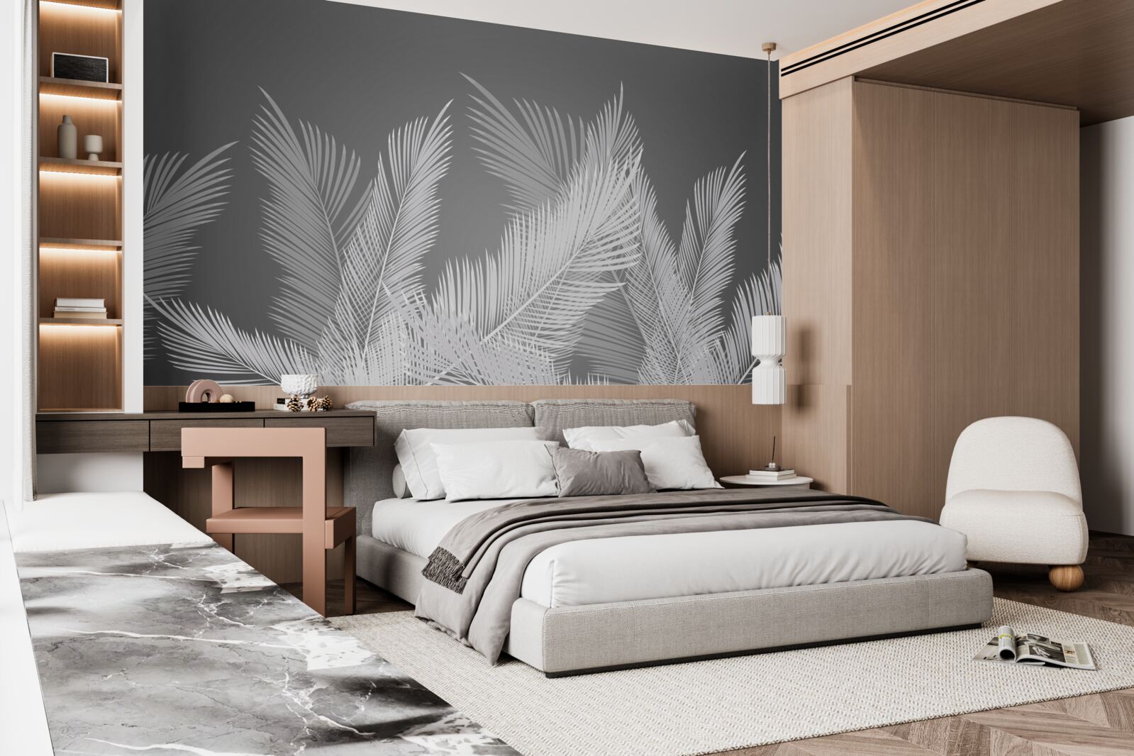 Fotobehang pen beweegt over witte bladeren op een grijze achtergrond