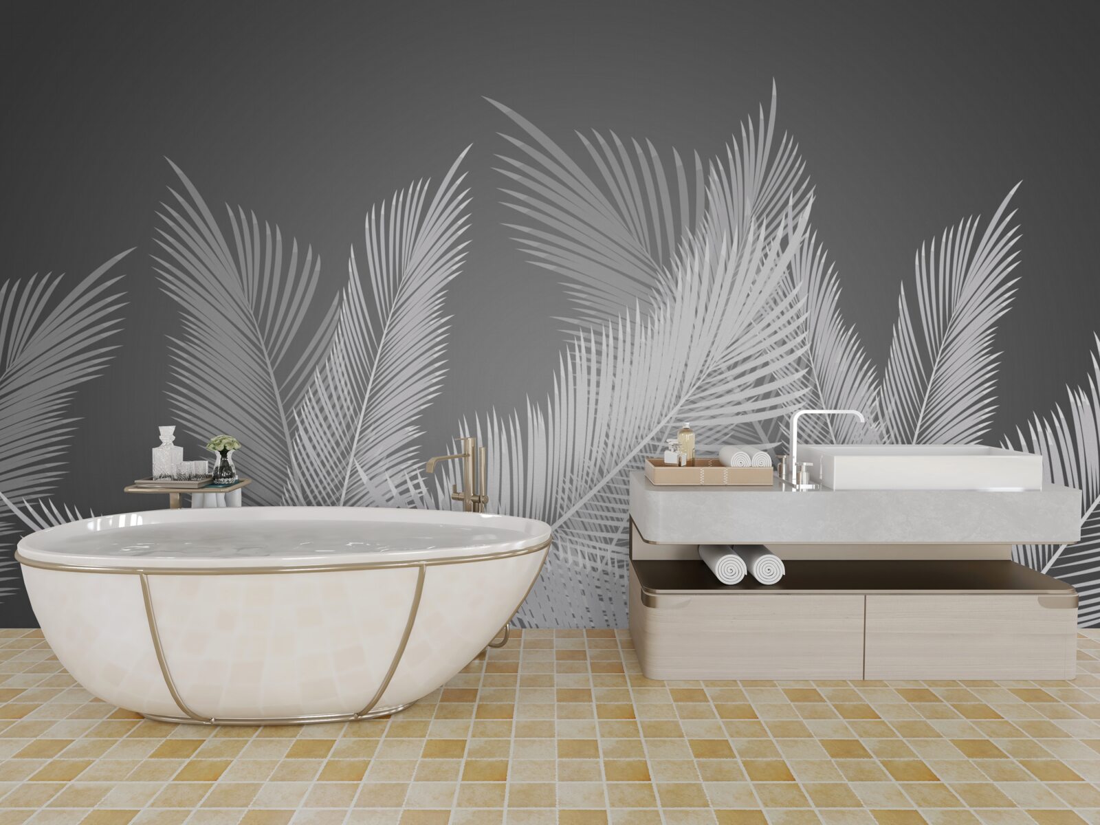 Fotobehang pen beweegt over witte bladeren op een grijze achtergrond