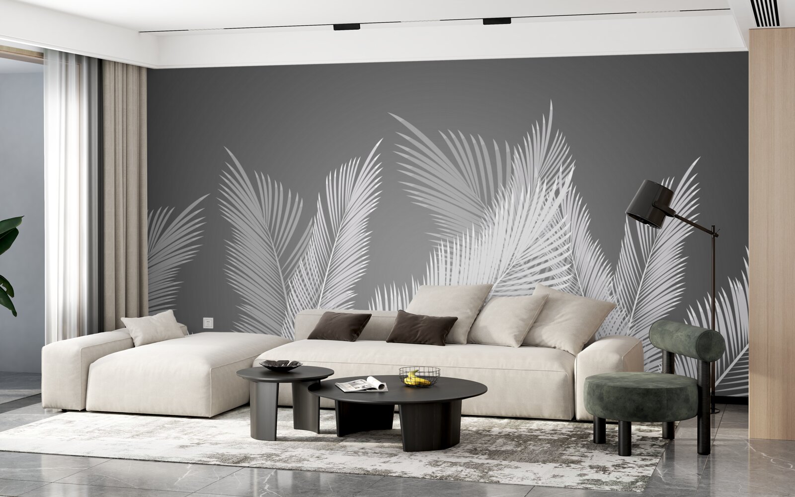 Fotobehang pen beweegt over witte bladeren op een grijze achtergrond