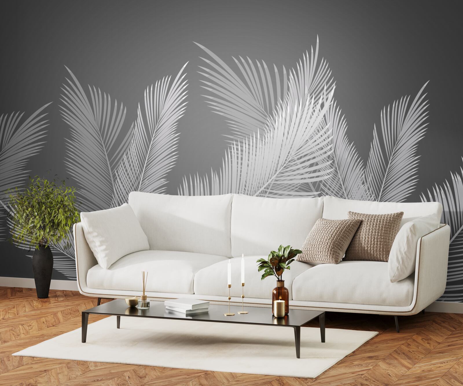 Fotobehang pen beweegt over witte bladeren op een grijze achtergrond