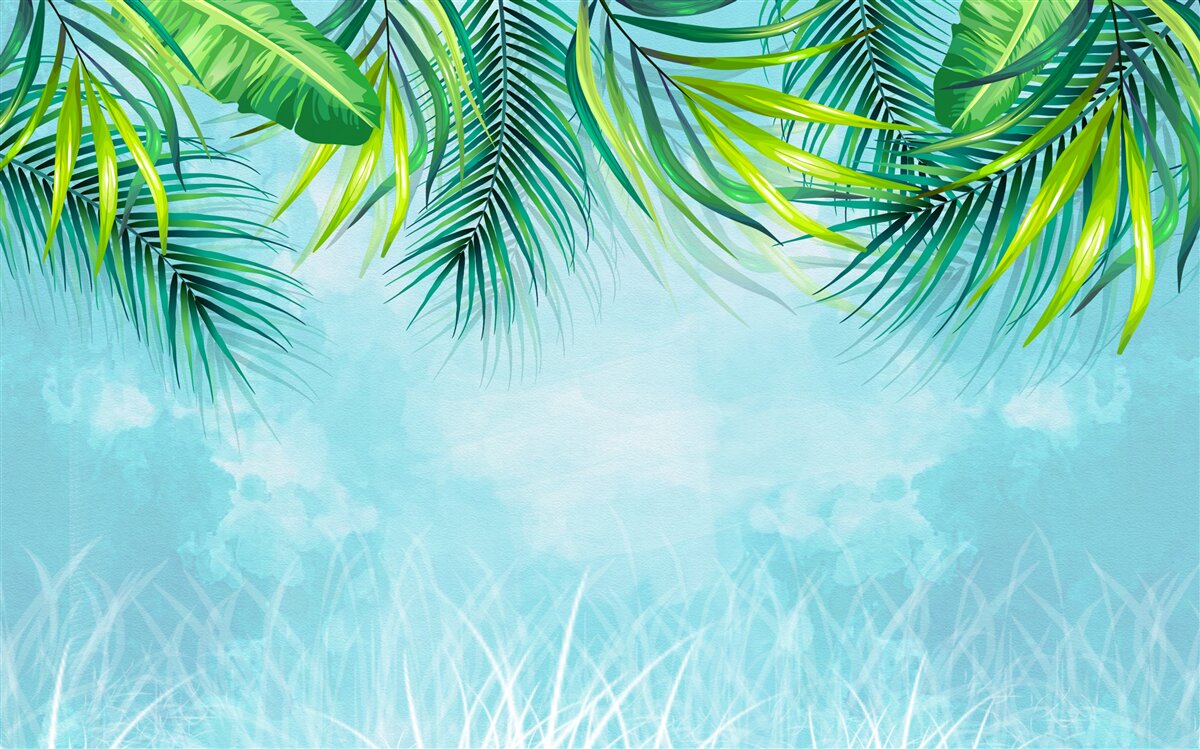 Fotobehang tropische bladeren tegen een blauwe lucht