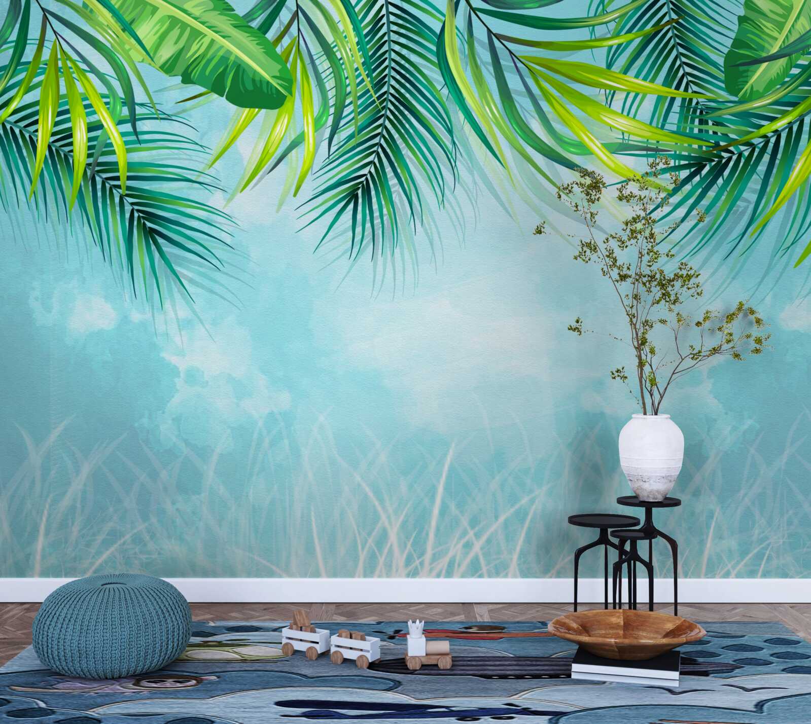 Fotobehang tropische bladeren tegen een blauwe lucht