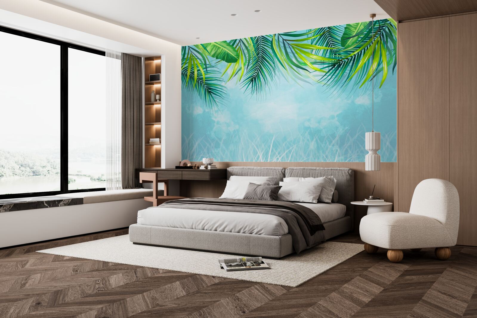 Fotobehang tropische bladeren tegen een blauwe lucht