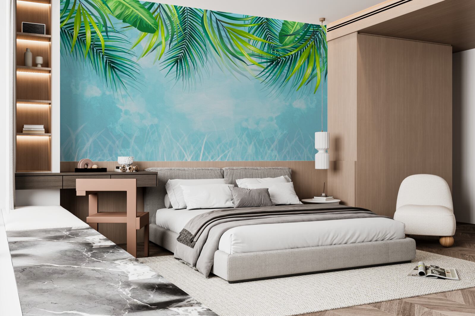 Fotobehang tropische bladeren tegen een blauwe lucht