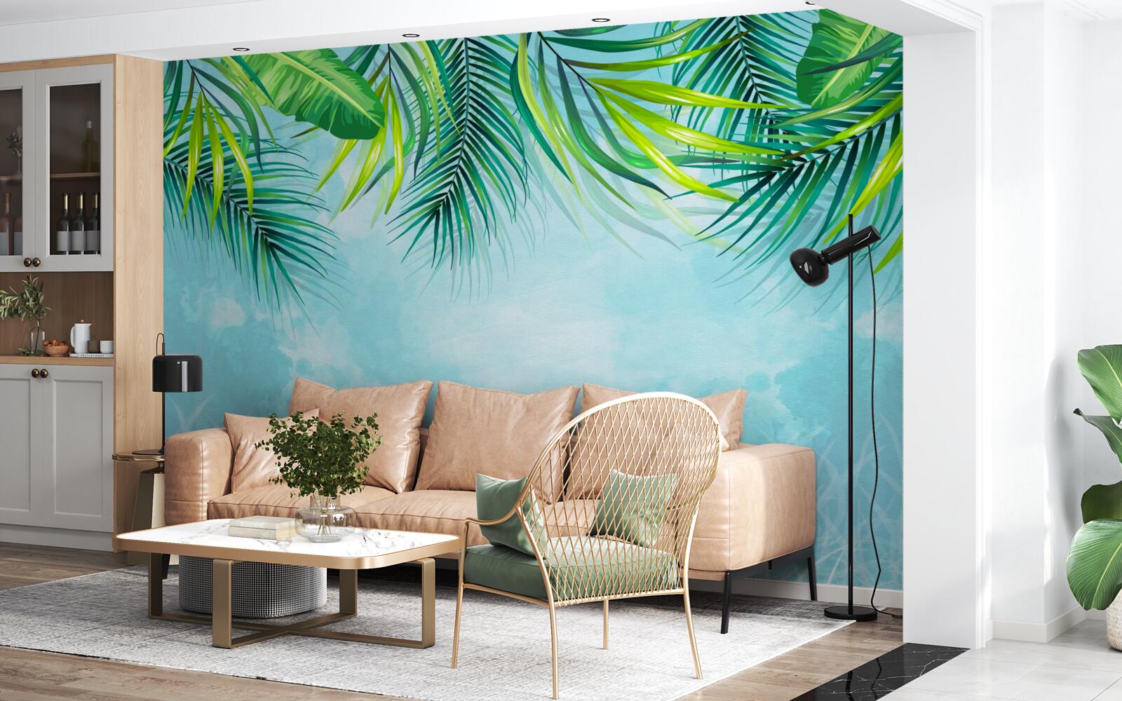 Fotobehang tropische bladeren tegen een blauwe lucht