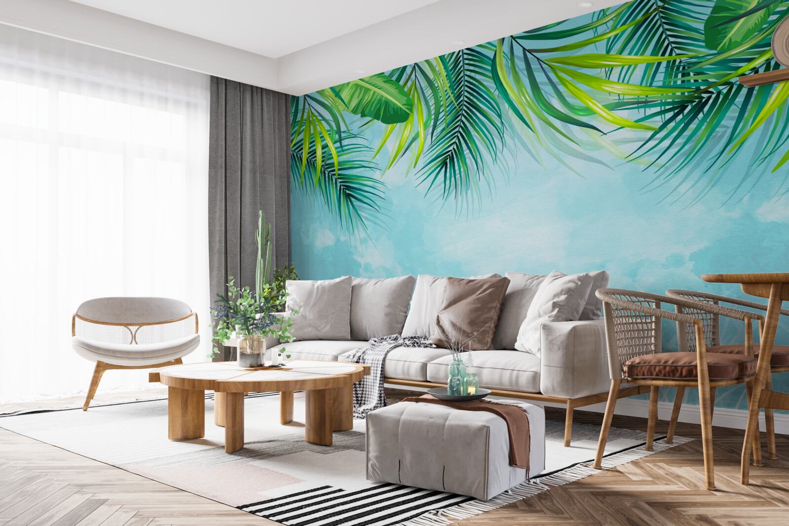 Fotobehang tropische bladeren tegen een blauwe lucht