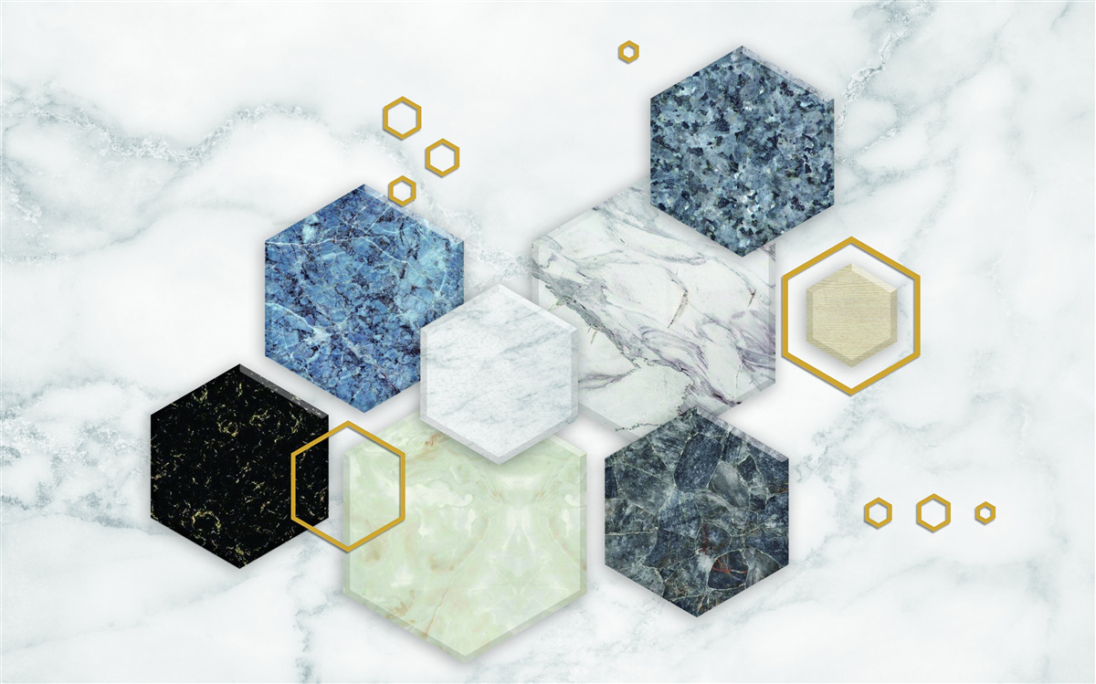 Fotobehang vijfhoekige mozaïeken op een wit marmeren achtergrond