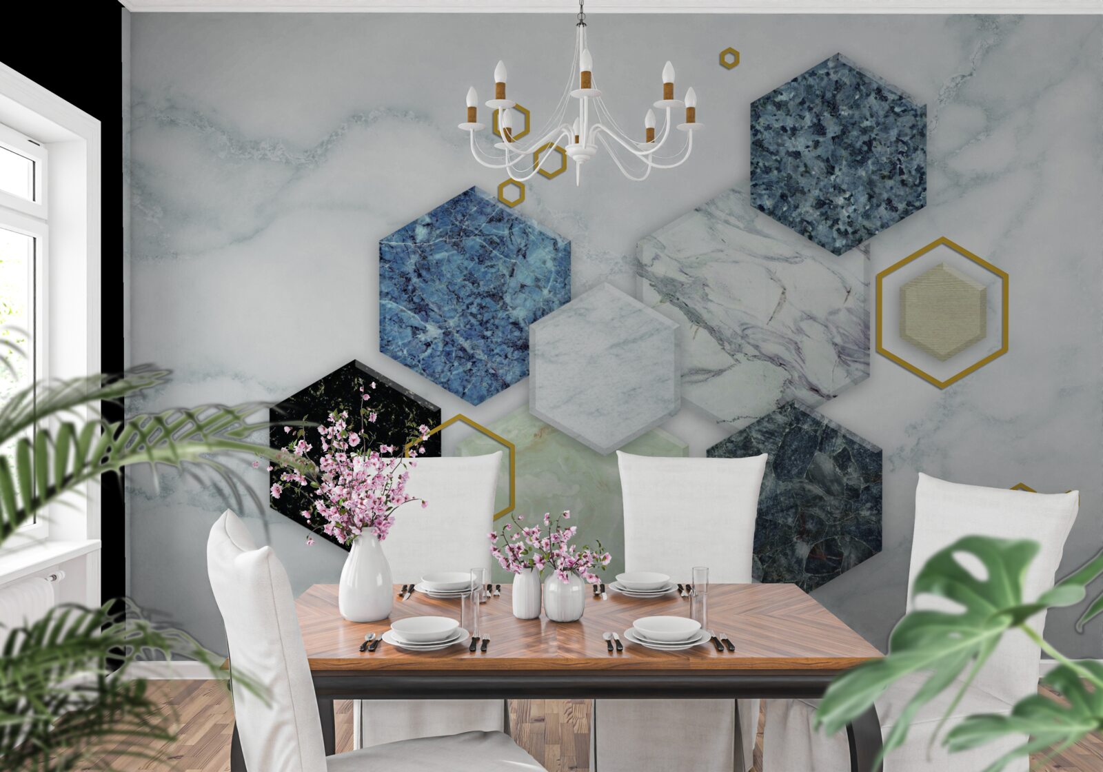 Fotobehang vijfhoekige mozaïeken op een wit marmeren achtergrond