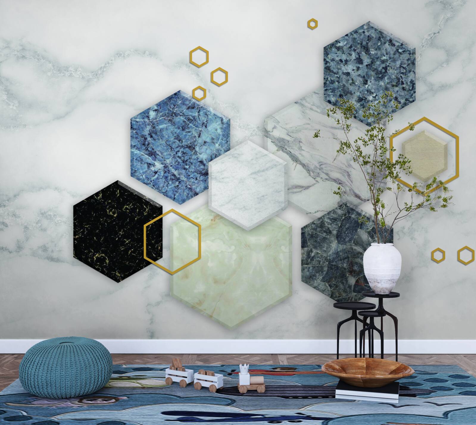 Fotobehang vijfhoekige mozaïeken op een wit marmeren achtergrond