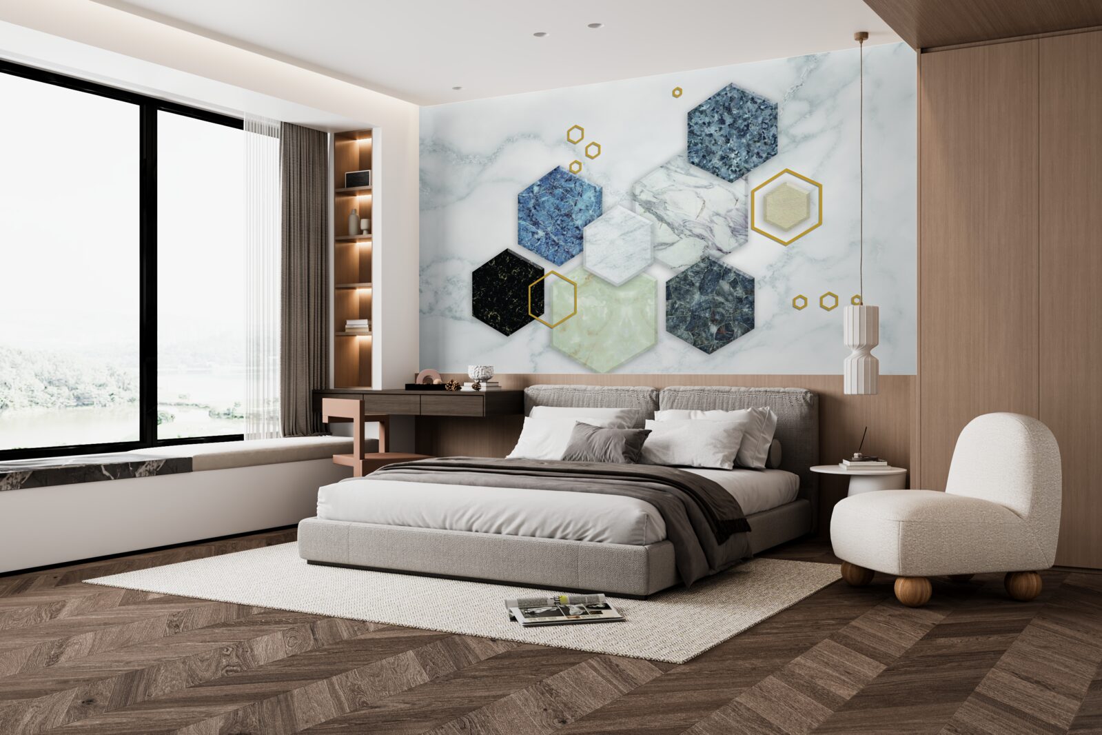 Fotobehang vijfhoekige mozaïeken op een wit marmeren achtergrond