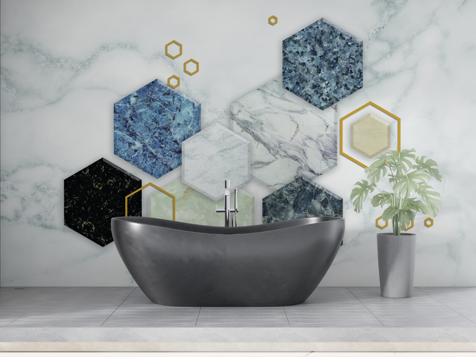 Fotobehang vijfhoekige mozaïeken op een wit marmeren achtergrond