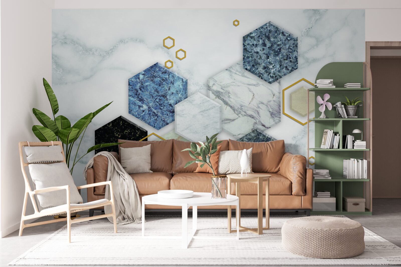 Fotobehang vijfhoekige mozaïeken op een wit marmeren achtergrond