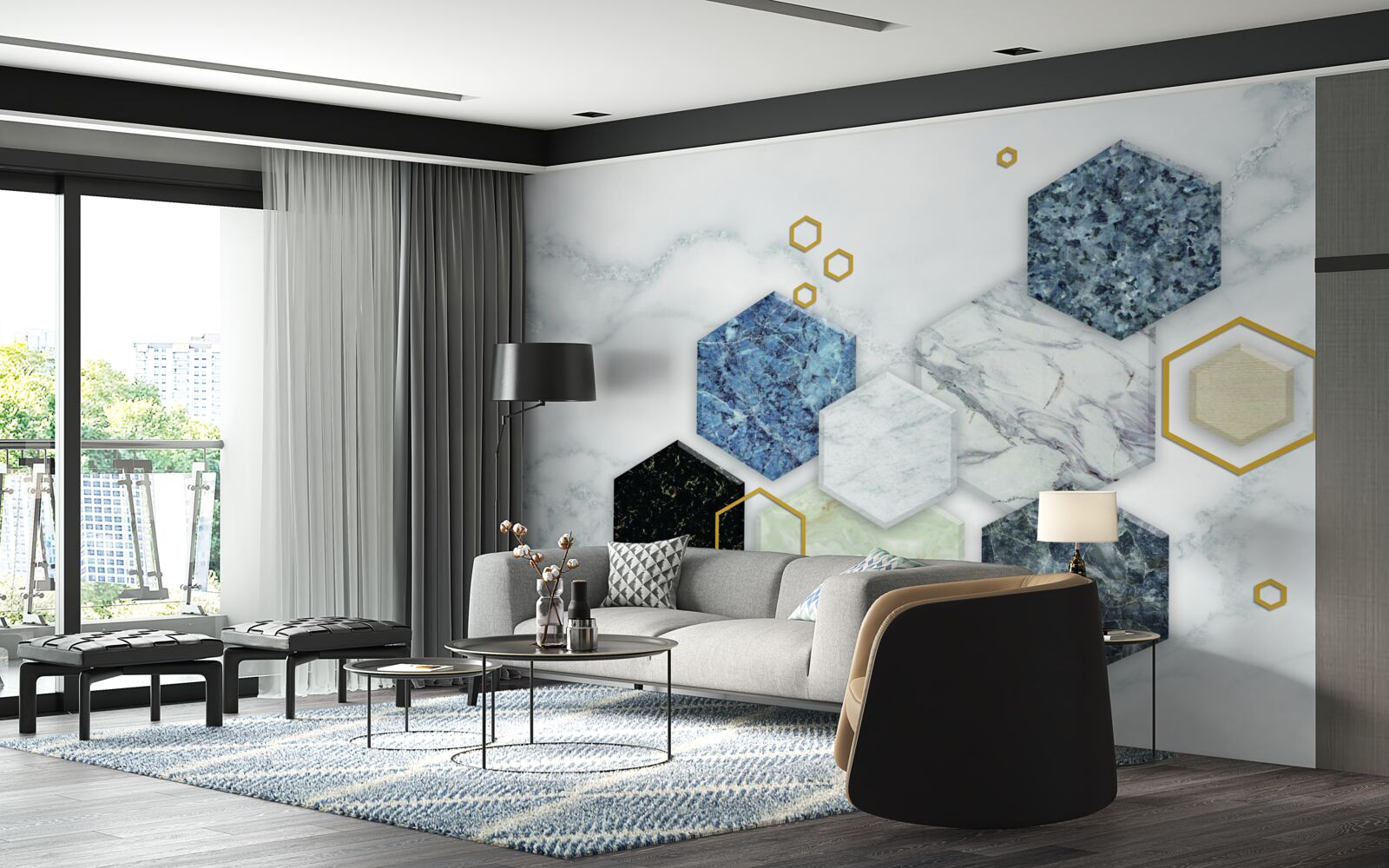 Fotobehang vijfhoekige mozaïeken op een wit marmeren achtergrond