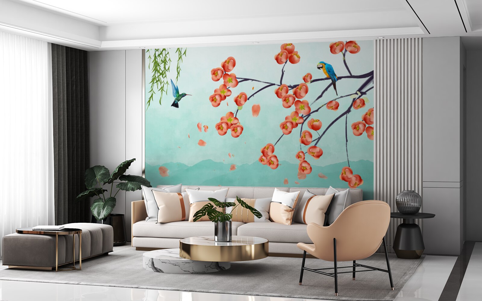 Fotobehang bergen omringen de schoonheid van Japanse kersenbloesems