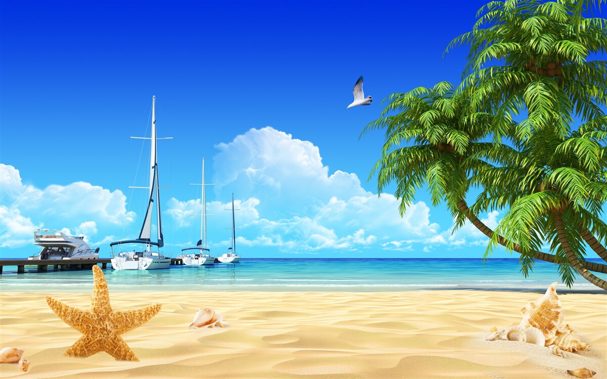 Fotobehang boten staan op de pier aan de zandige kust