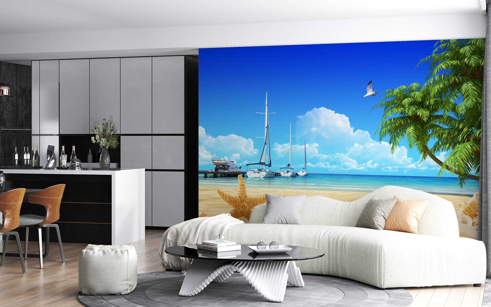 Fotobehang boten staan op de pier aan de zandige kust