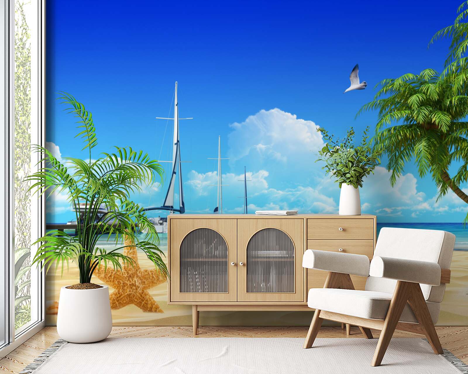 Fotobehang boten staan op de pier aan de zandige kust