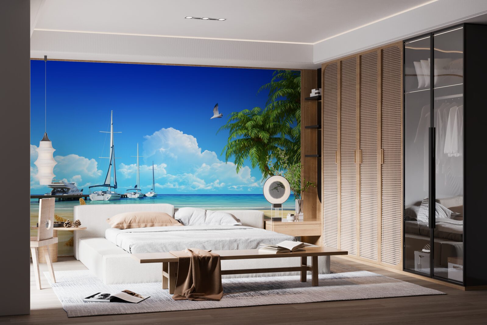 Fotobehang boten staan op de pier aan de zandige kust