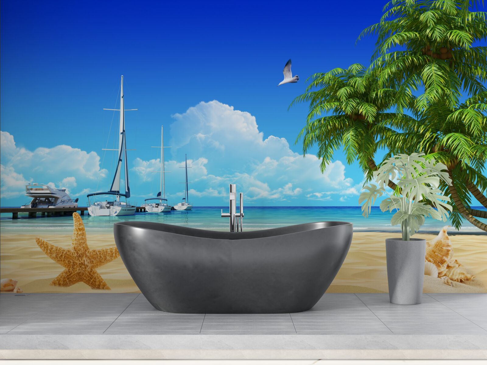 Fotobehang boten staan op de pier aan de zandige kust