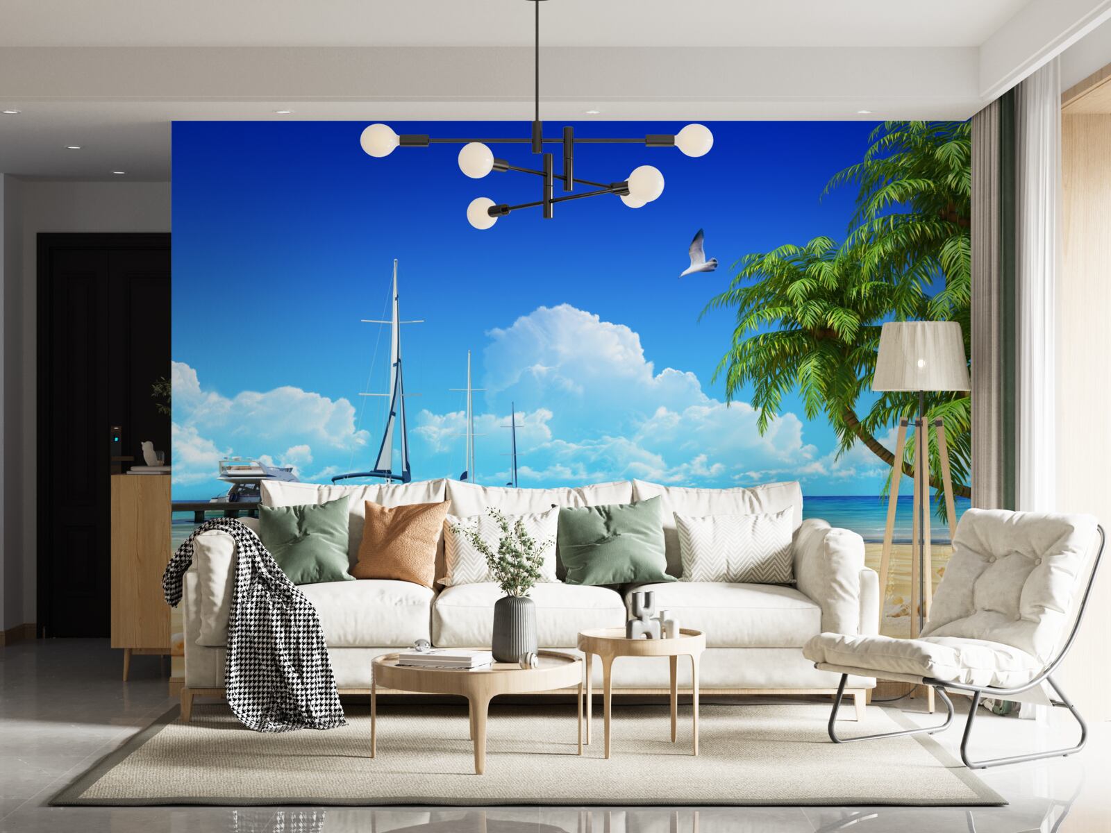 Fotobehang boten staan op de pier aan de zandige kust