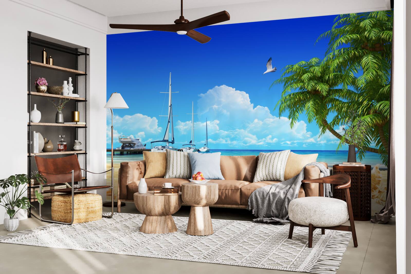 Fotobehang boten staan op de pier aan de zandige kust