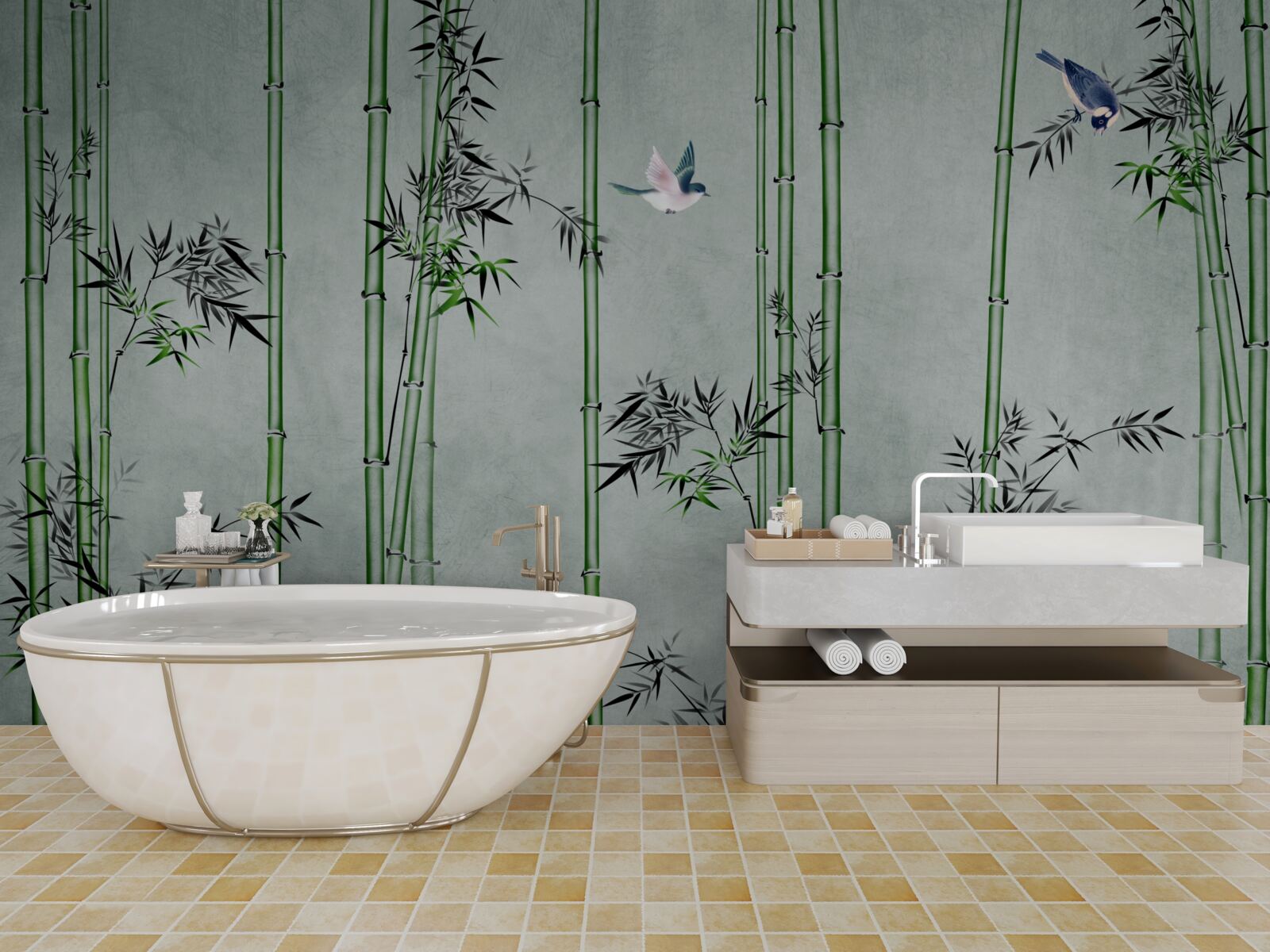 Fotobehang het bamboebos is in mist gehuld