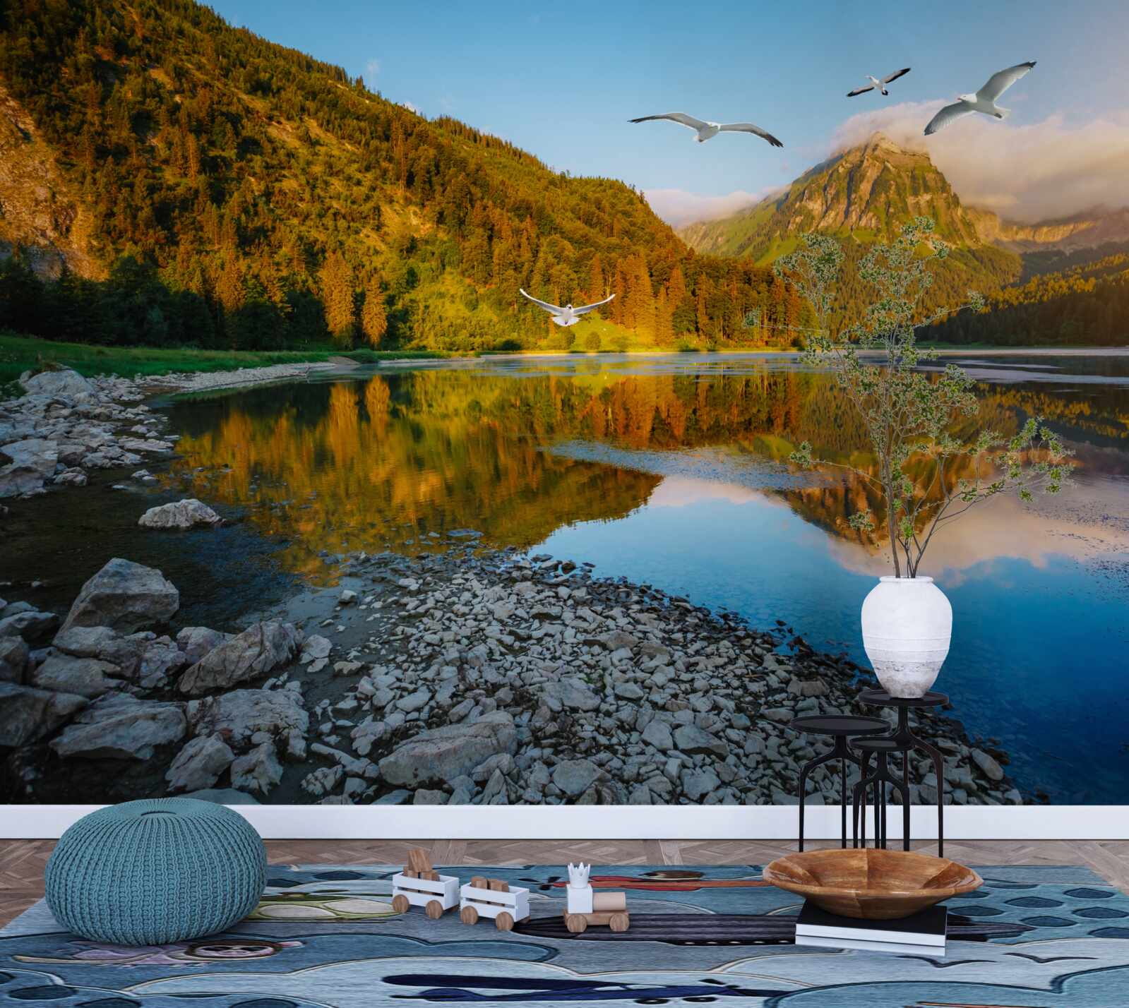 Fotobehang vogels vliegen over bergwater