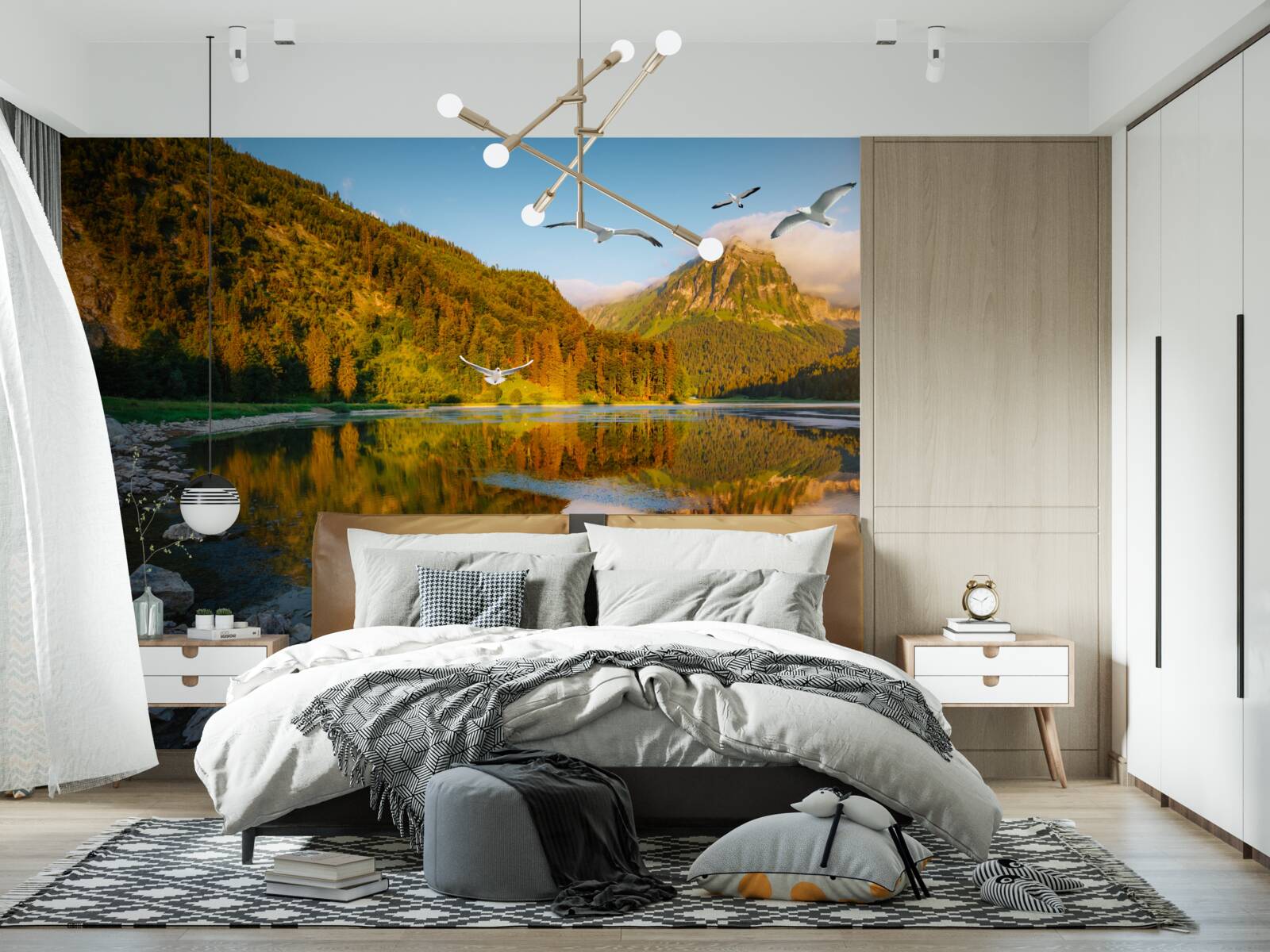 Fotobehang vogels vliegen over bergwater