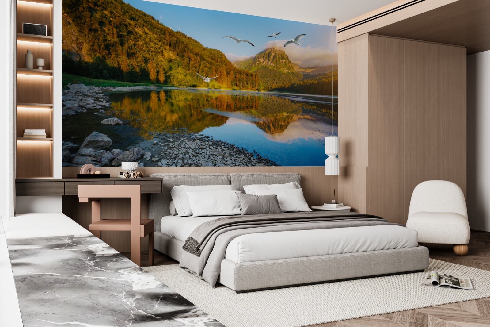 Fotobehang vogels vliegen over bergwater