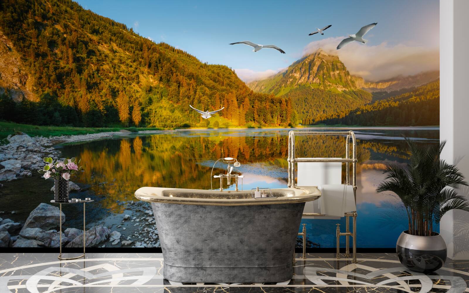 Fotobehang vogels vliegen over bergwater