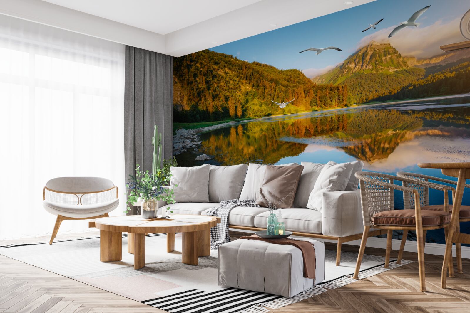 Fotobehang vogels vliegen over bergwater