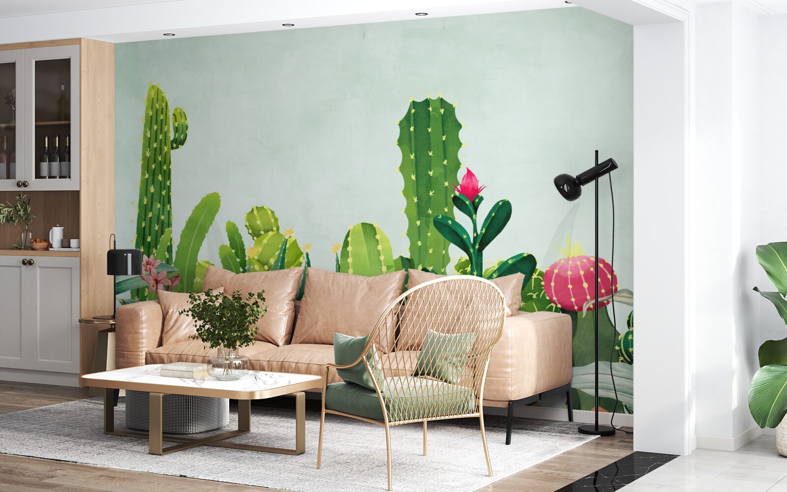 Fotobehang blauwe lucht met een frame van cactussen