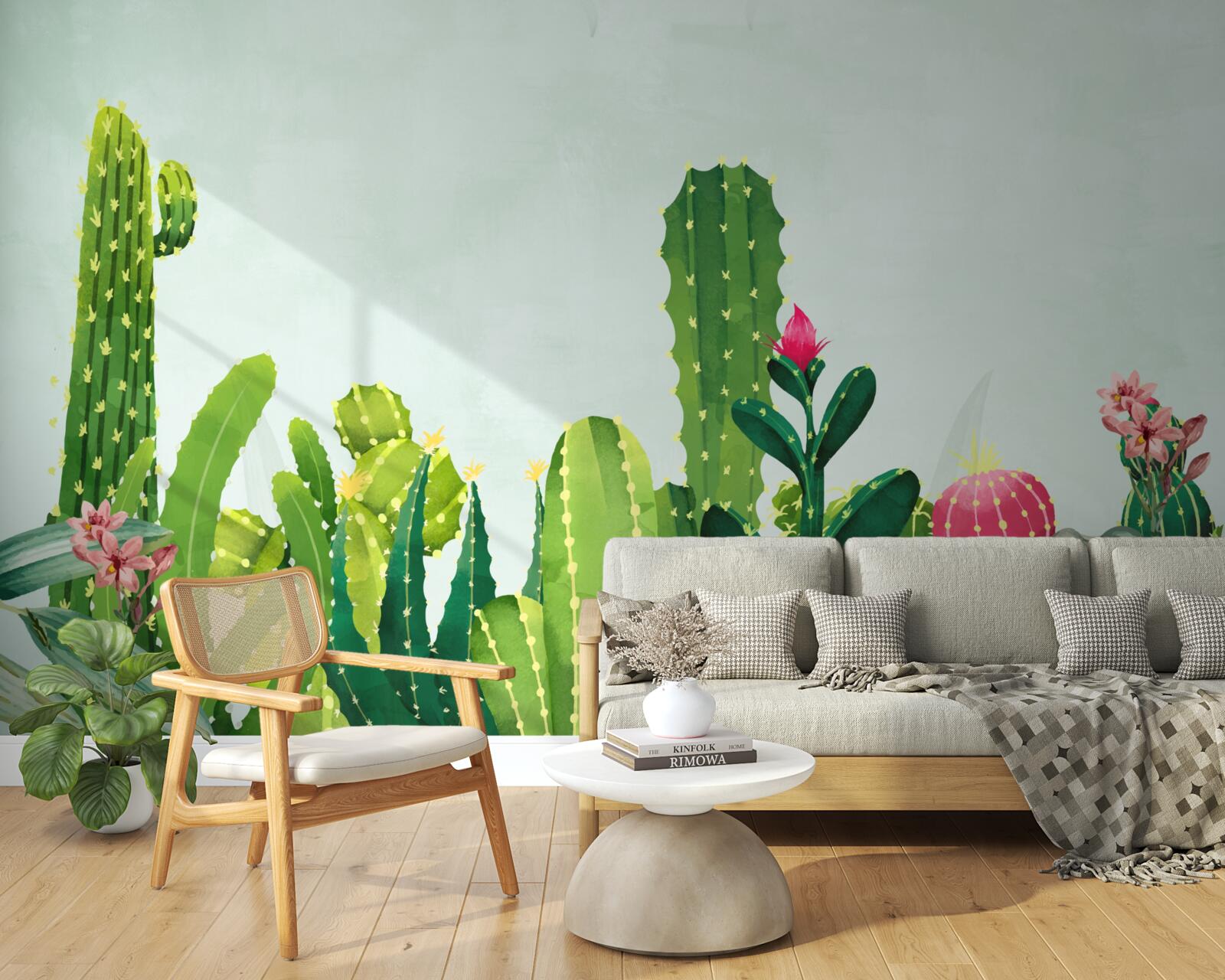 Fotobehang blauwe lucht met een frame van cactussen