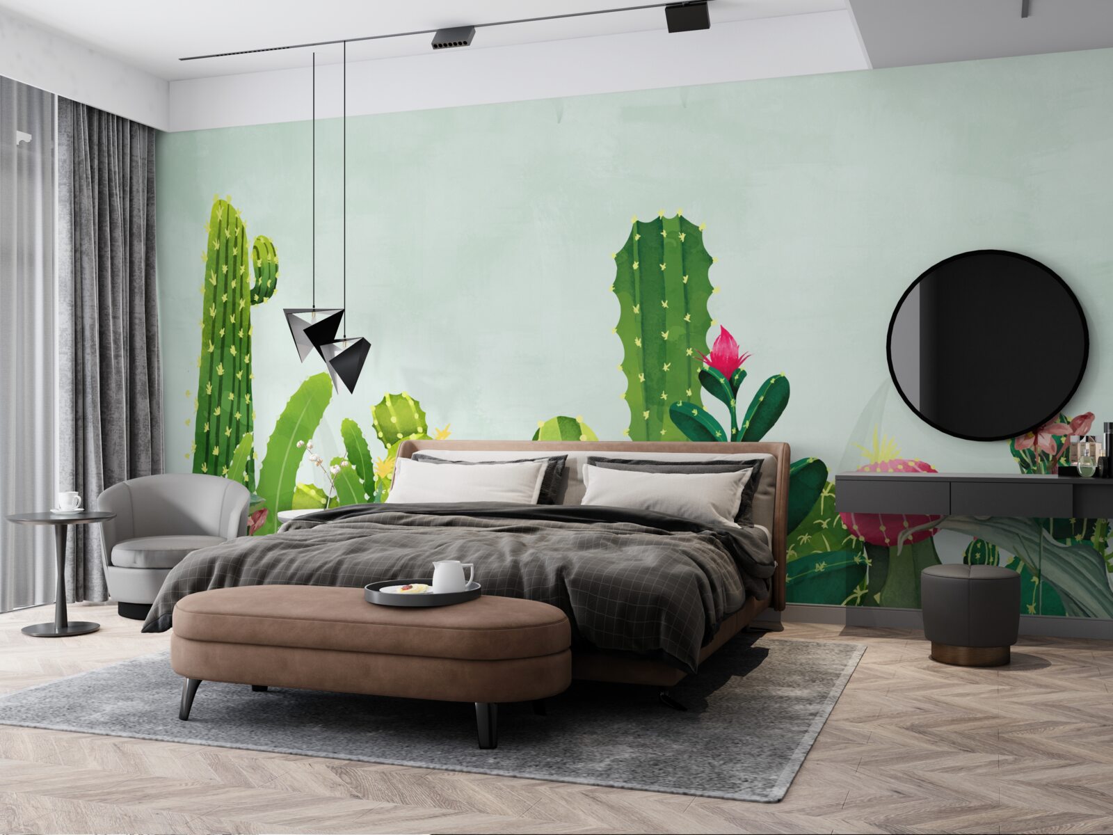 Fotobehang blauwe lucht met een frame van cactussen