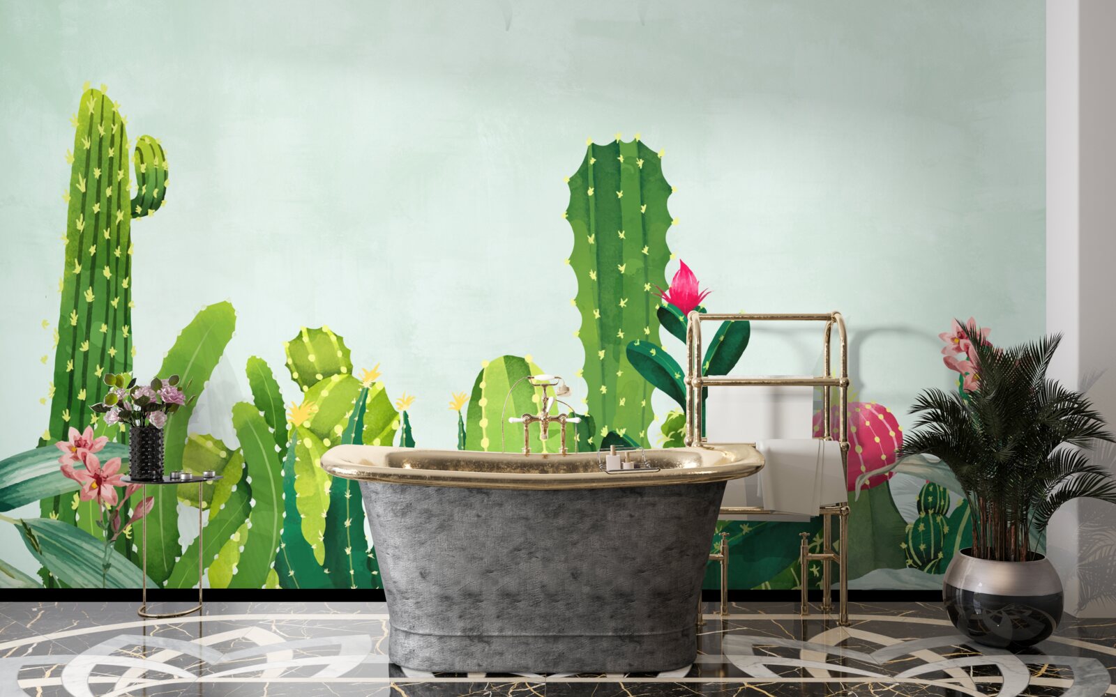 Fotobehang blauwe lucht met een frame van cactussen