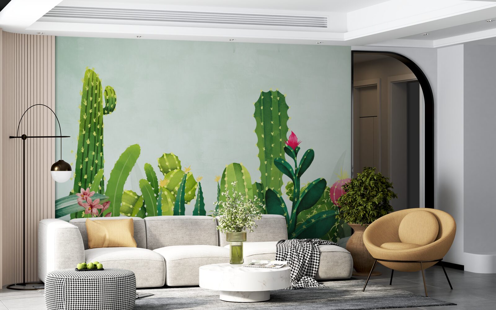 Fotobehang blauwe lucht met een frame van cactussen