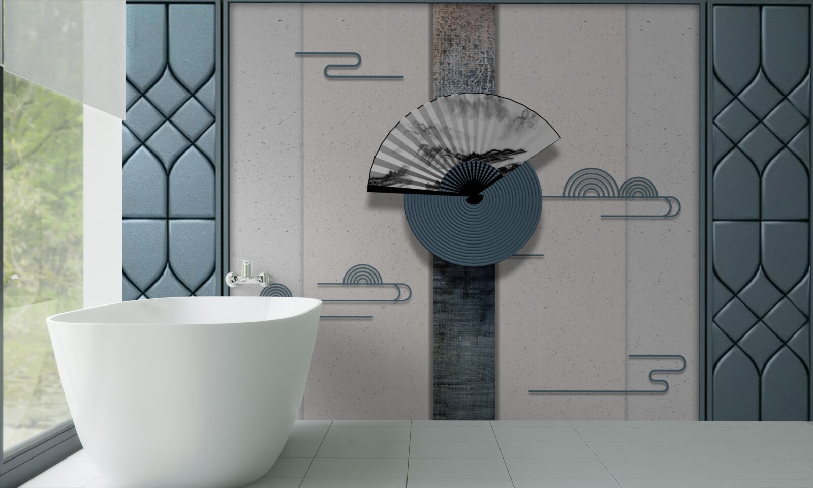 Fotobehang waaier in zwart-wit tegen een bewolkte lucht