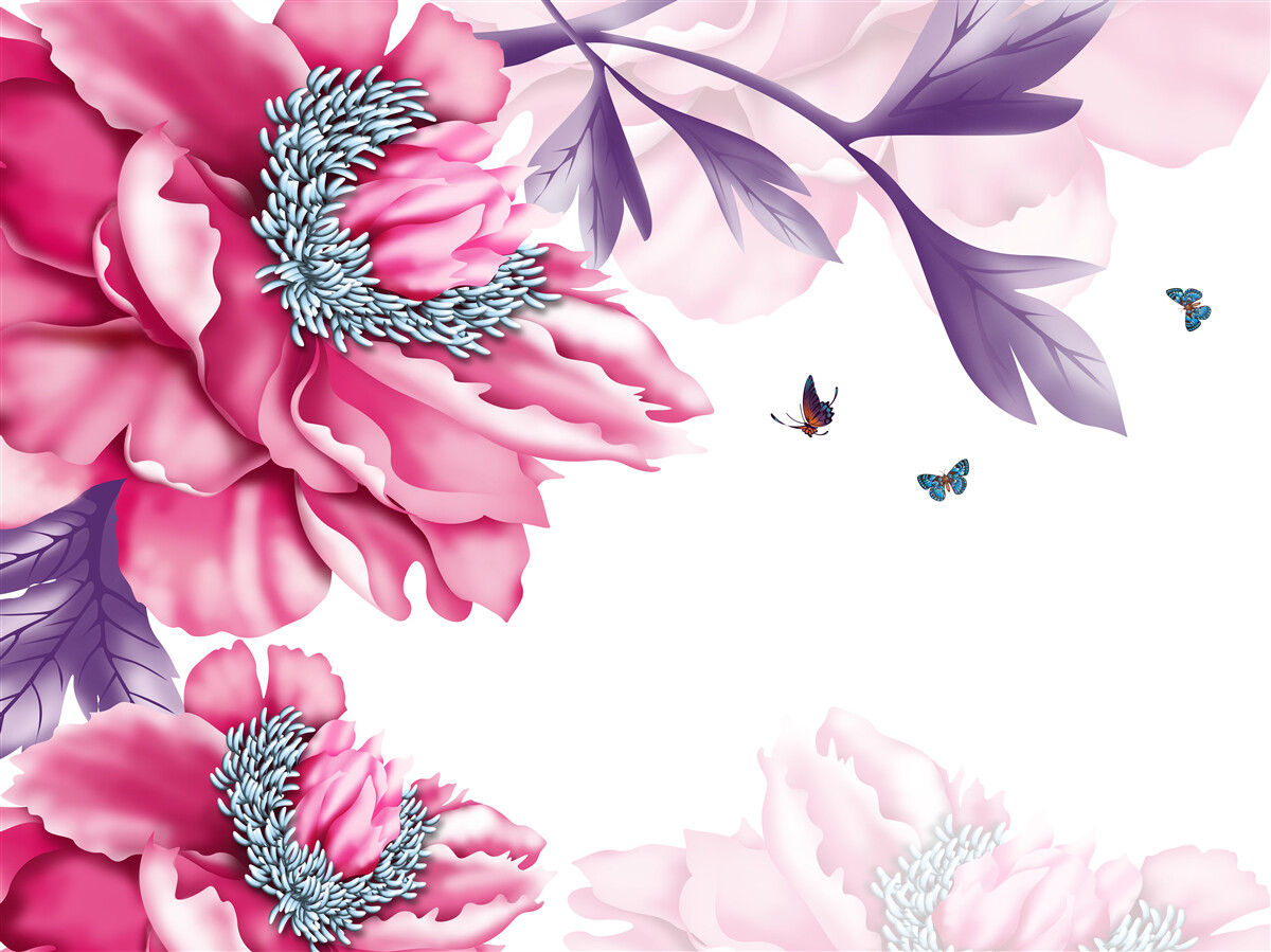 Fotobehang vlinders en roze bloemen op een achtergrond