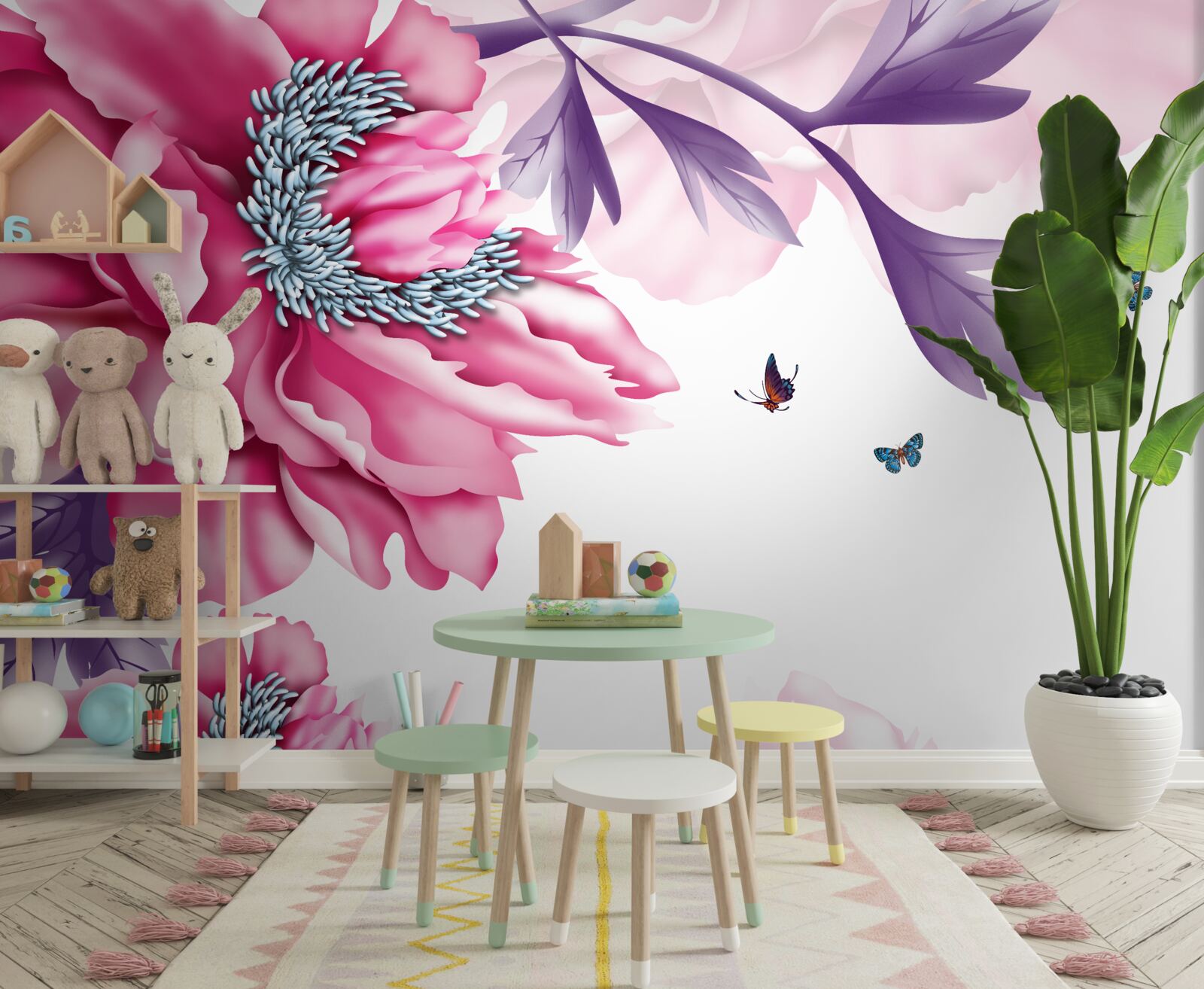 Fotobehang vlinders en roze bloemen op een achtergrond