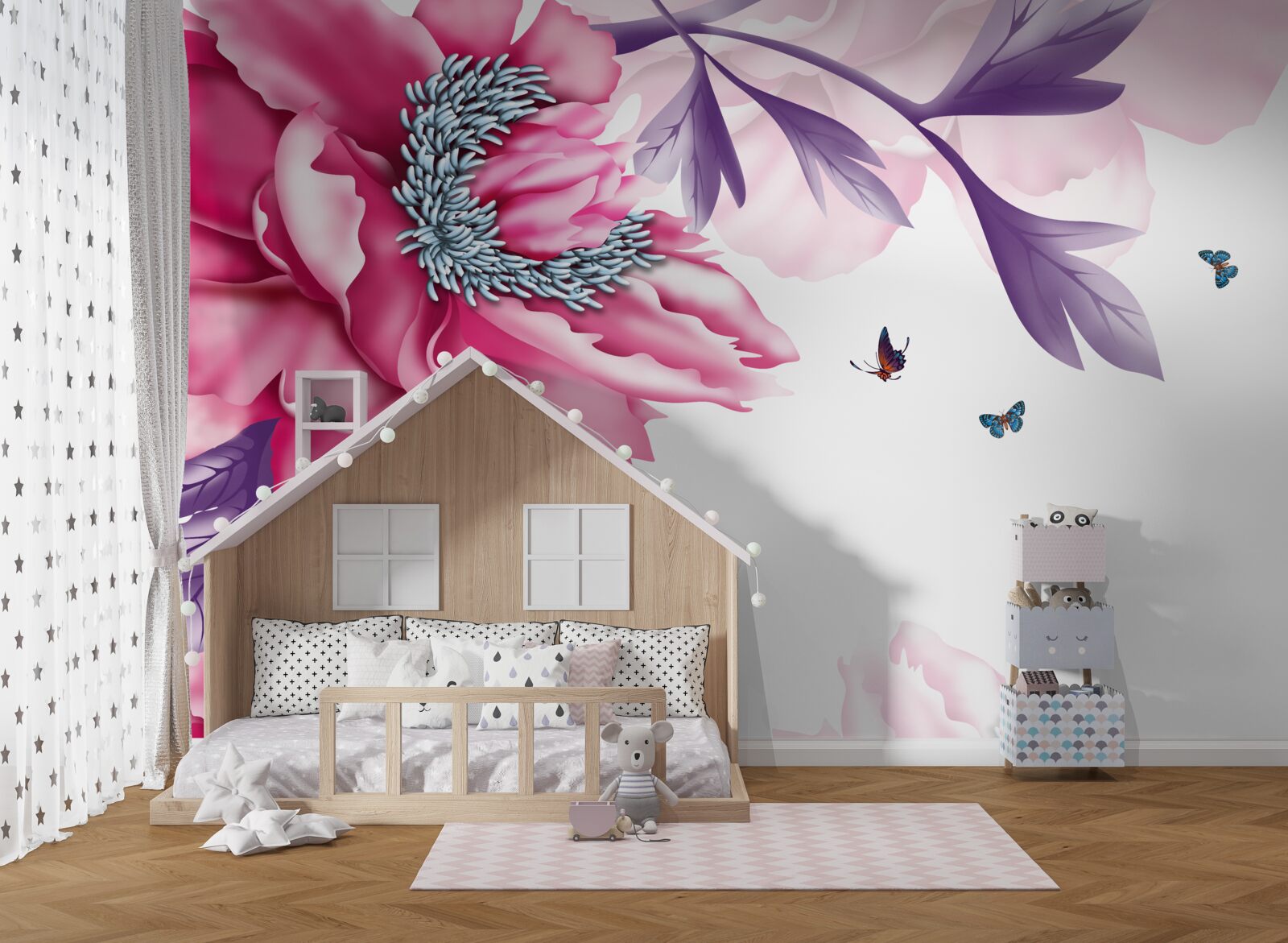 Fotobehang vlinders en roze bloemen op een achtergrond